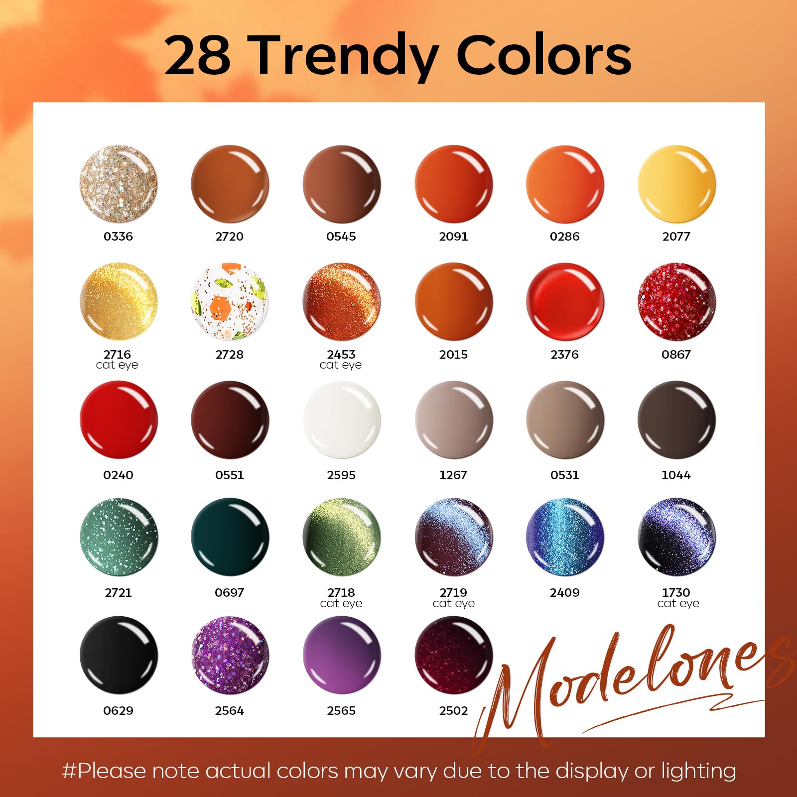 Modelones 28-color gel bottles arranged in display for seasonal styling.