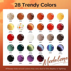 Modelones 28-color gel bottles arranged in display for seasonal styling.