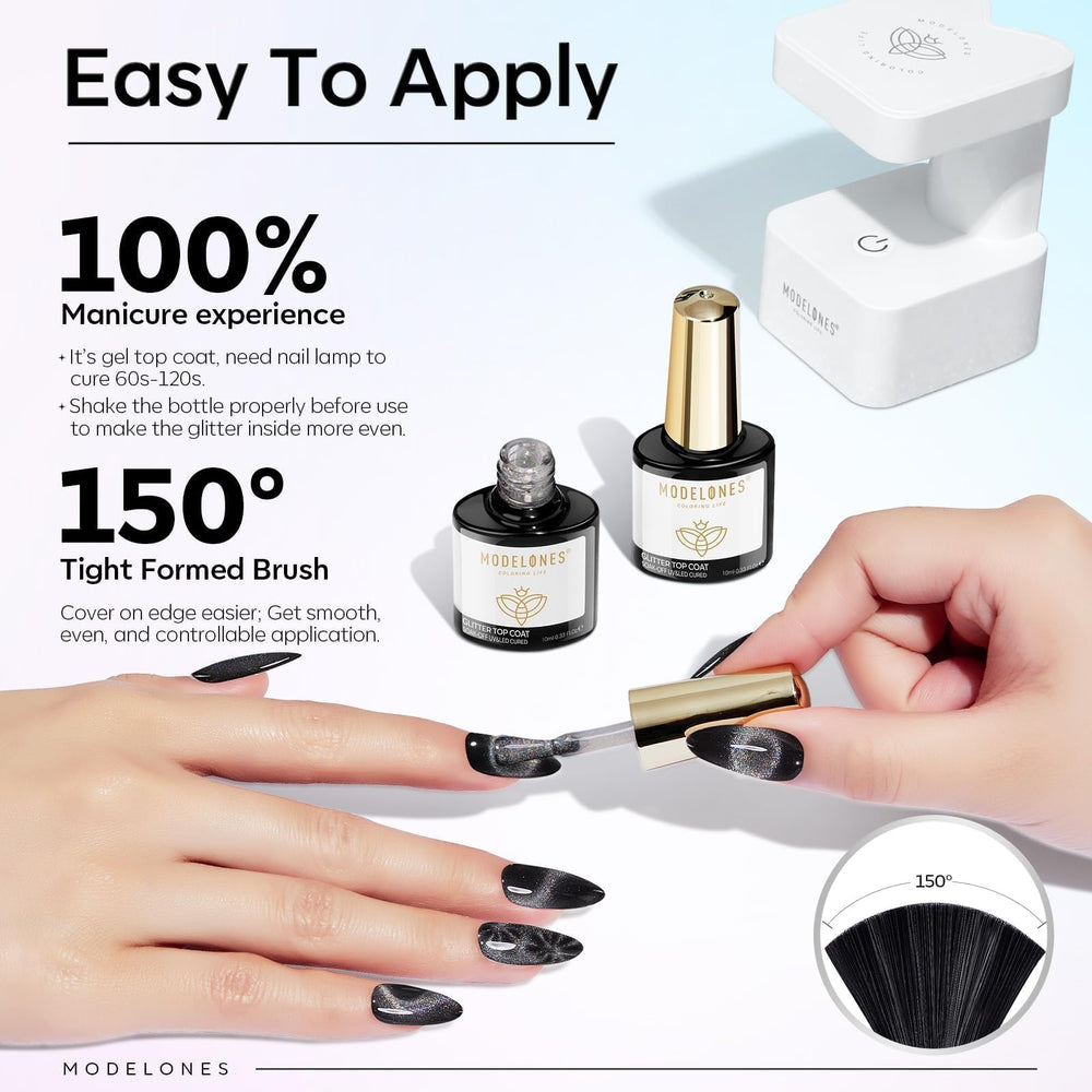 Modelones top coat works over bare nails or any gel color for varied looks.