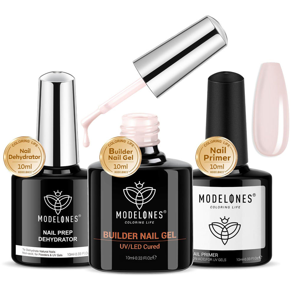 Modelones cover nude builder gel bottle creates a smooth, thick base for durable nails.