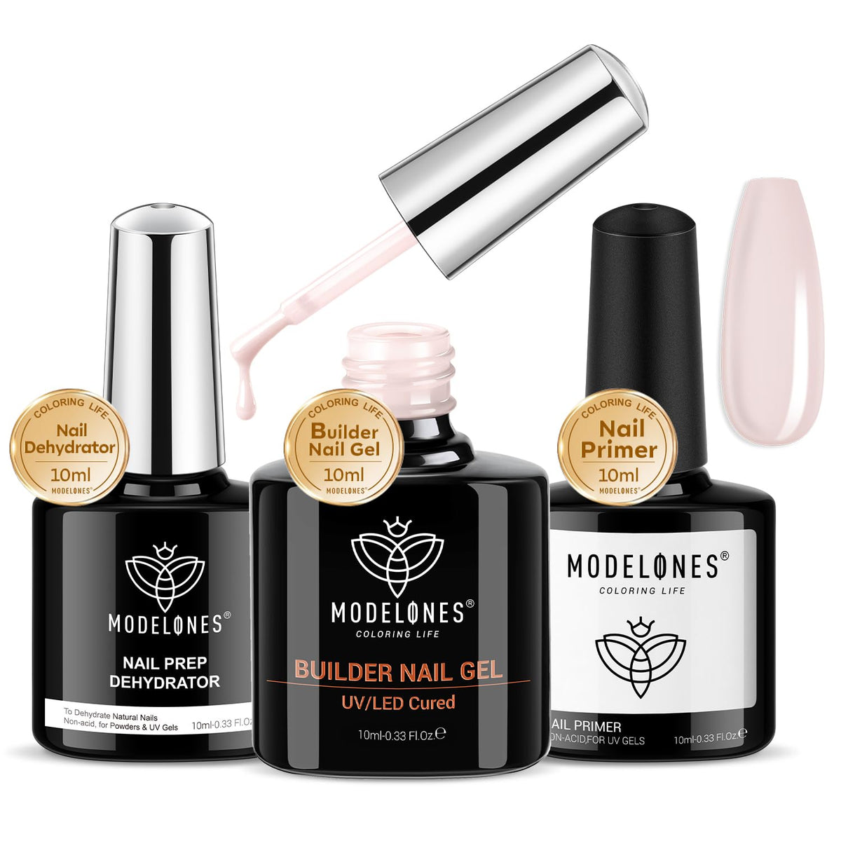 Modelones cover nude builder gel bottle creates a smooth, thick base for durable nails.