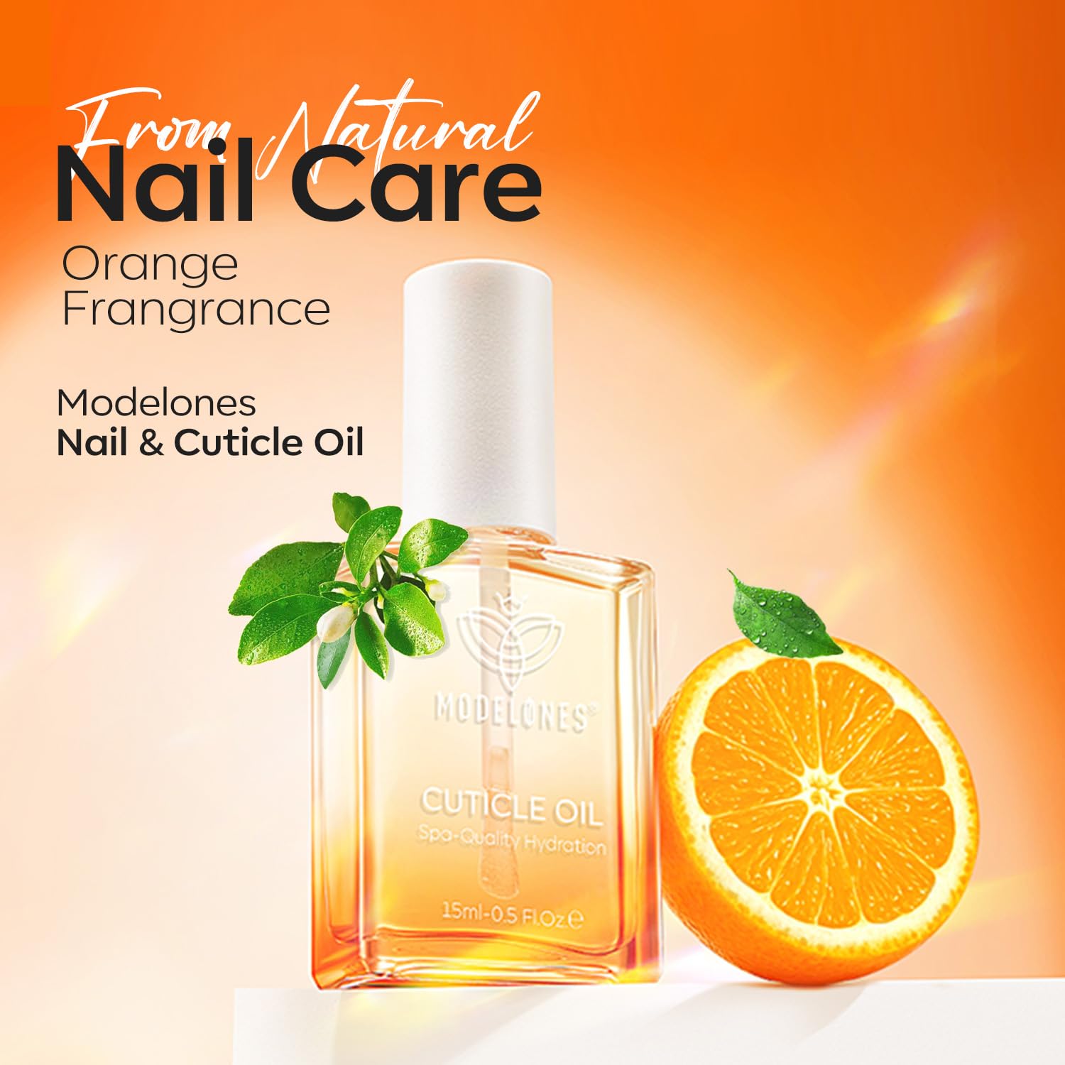 Modelones cuticle oil boosts hydration of the nail bed.