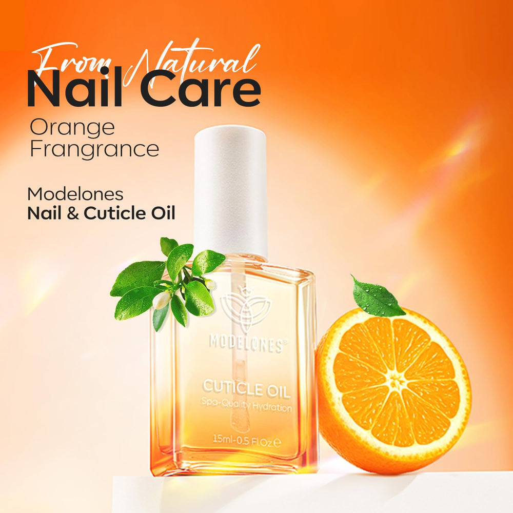 Modelones cuticle oil boosts hydration of the nail bed.