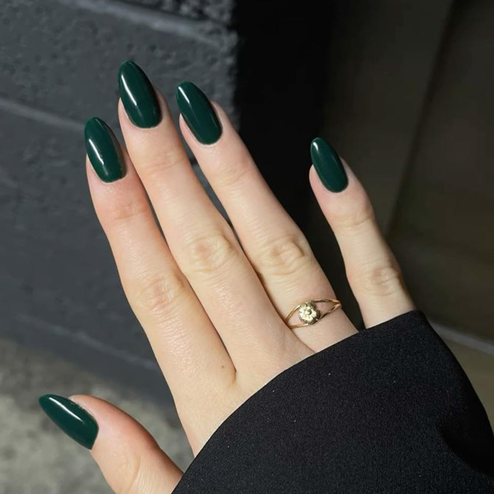 Close-up of Modelones almond nails showing natural fit and shine