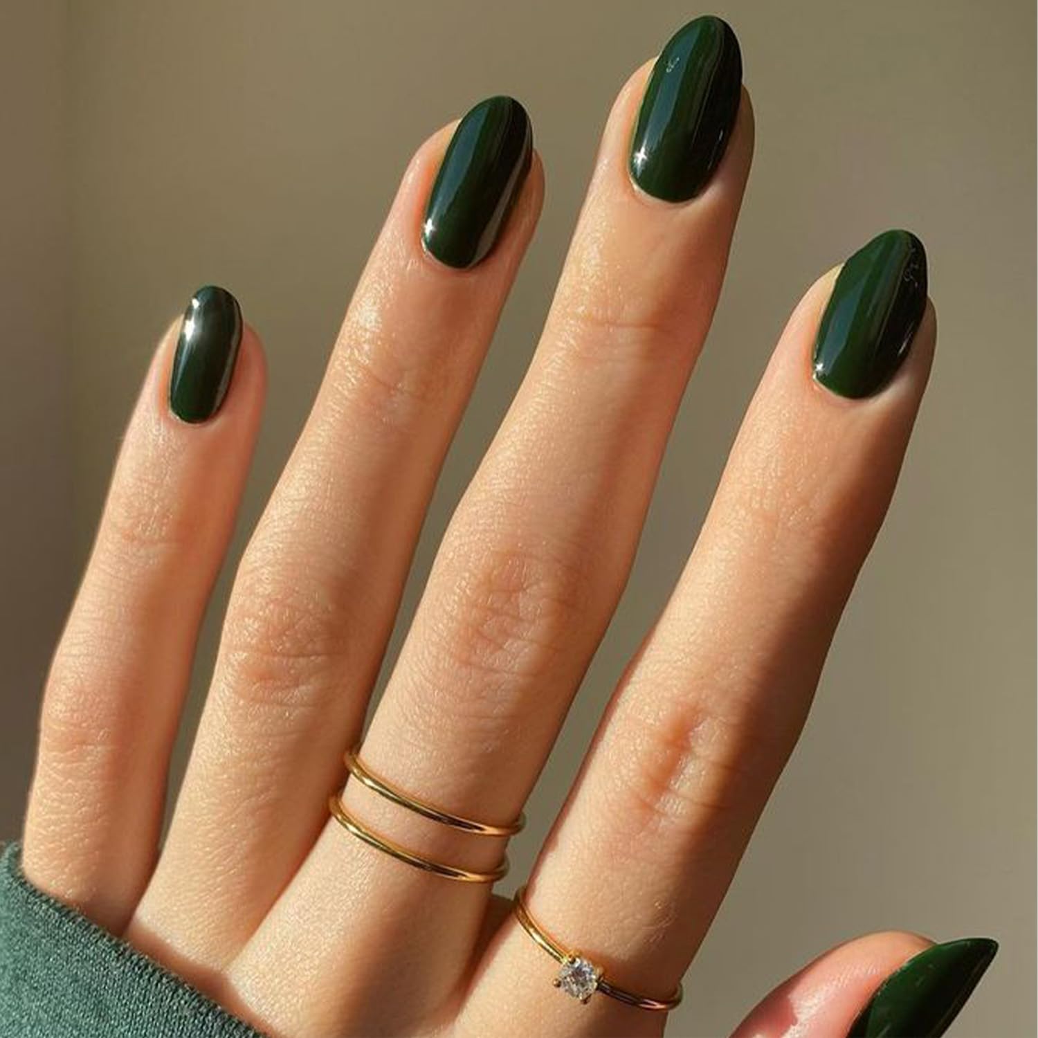 Modelones dark green almond press-on nails set for quick at-home manicures