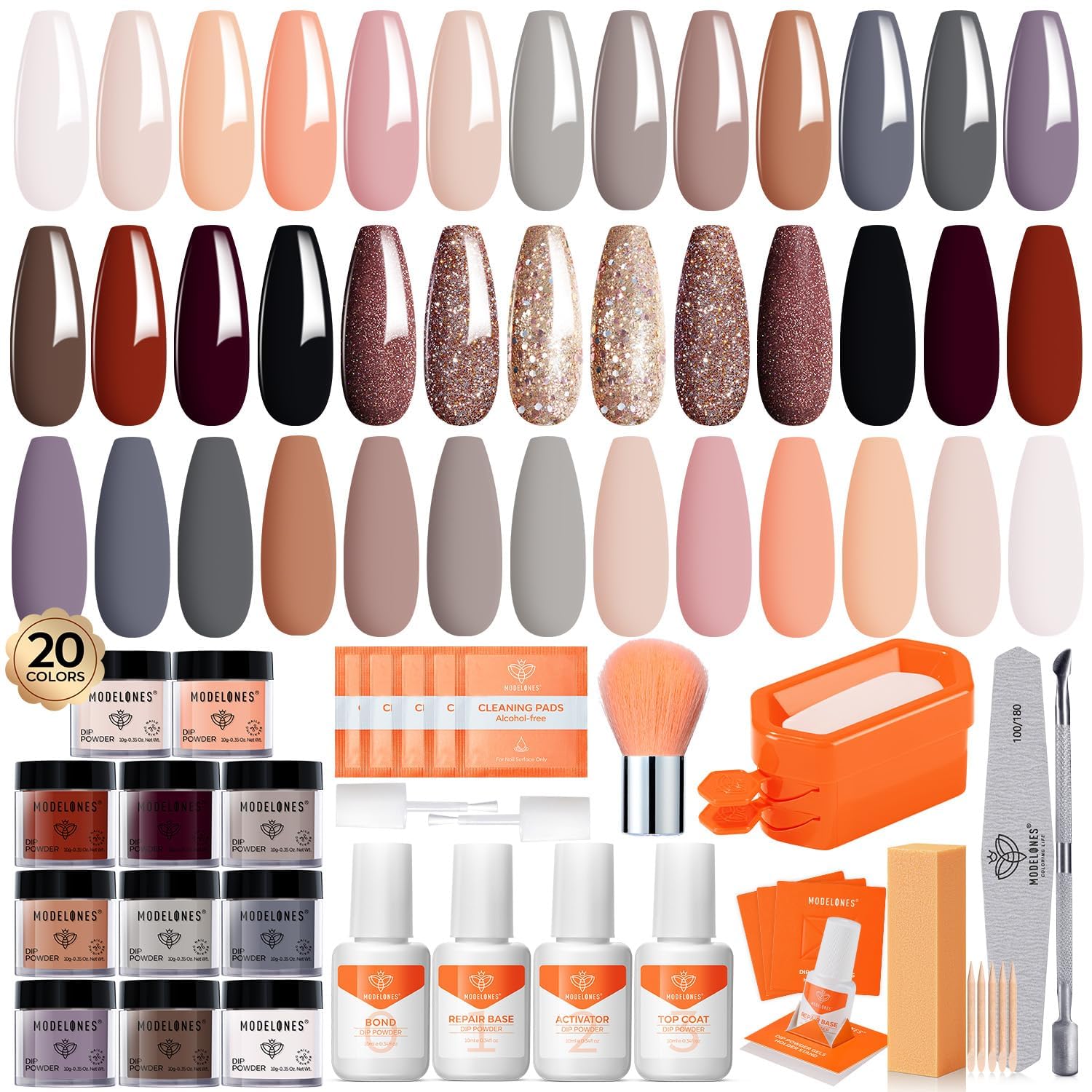 Modelones dip powder kit with 20 colors for versatile salon-style looks