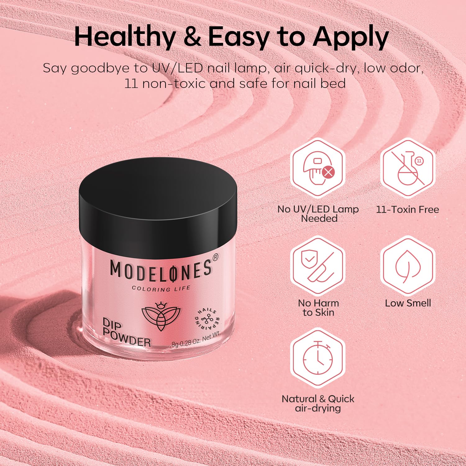 Modelones top coat liquid delivers a smooth gel-like finish without a lamp
