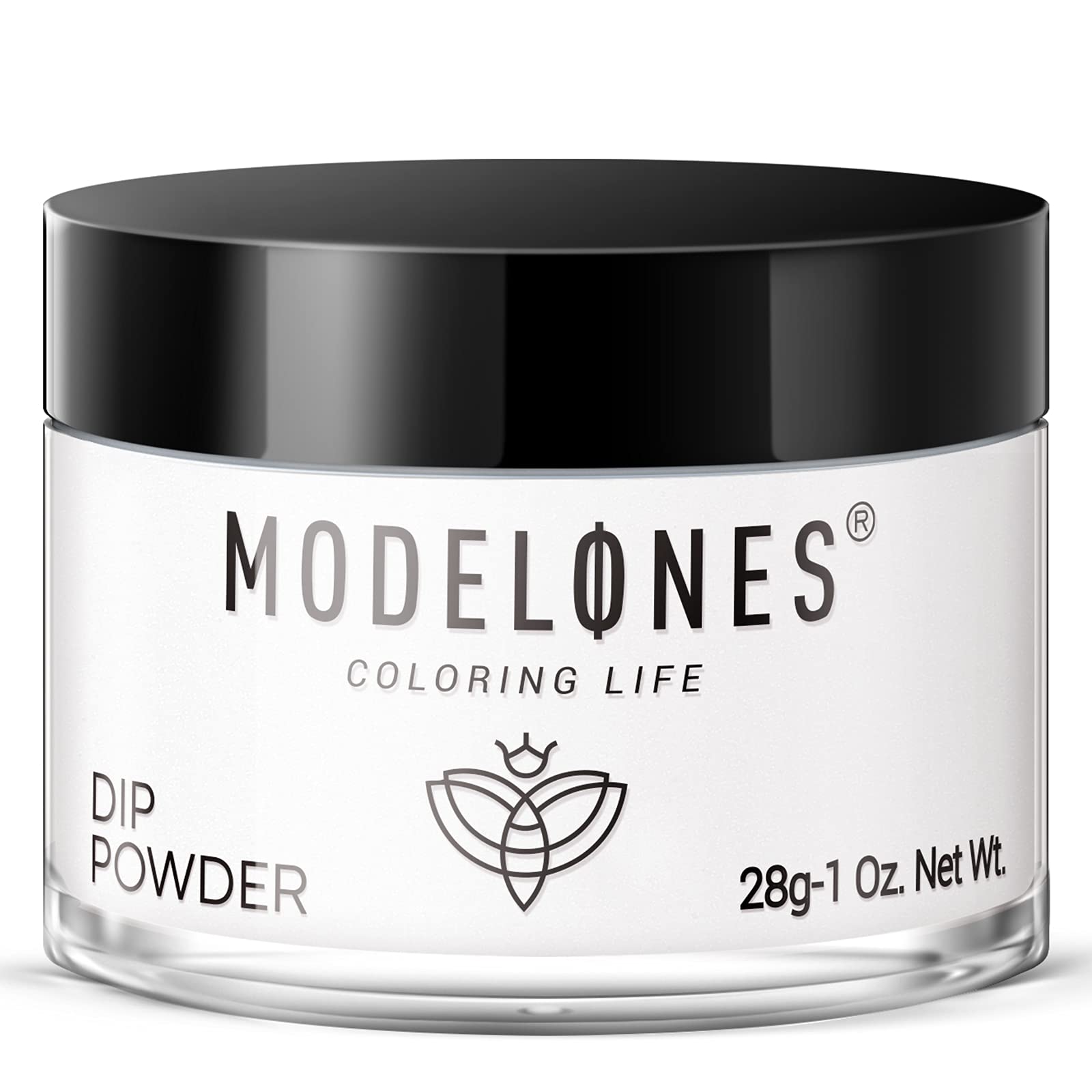 Modelones dip powder white bottle for at-home French nail art and natural finish.