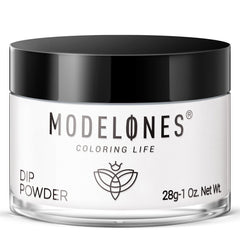 Modelones dip powder white bottle for at-home French nail art and natural finish.