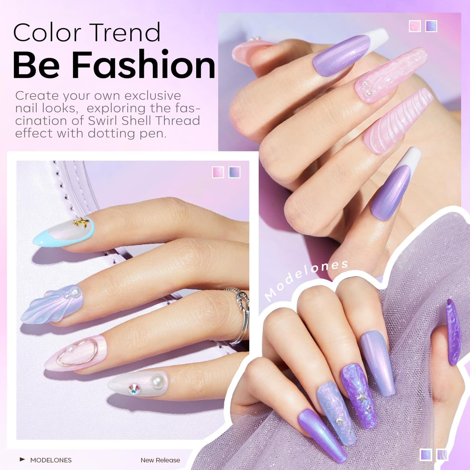 Modelones Dotting Pen enables precise swirl and shell-thread nail art effects.
