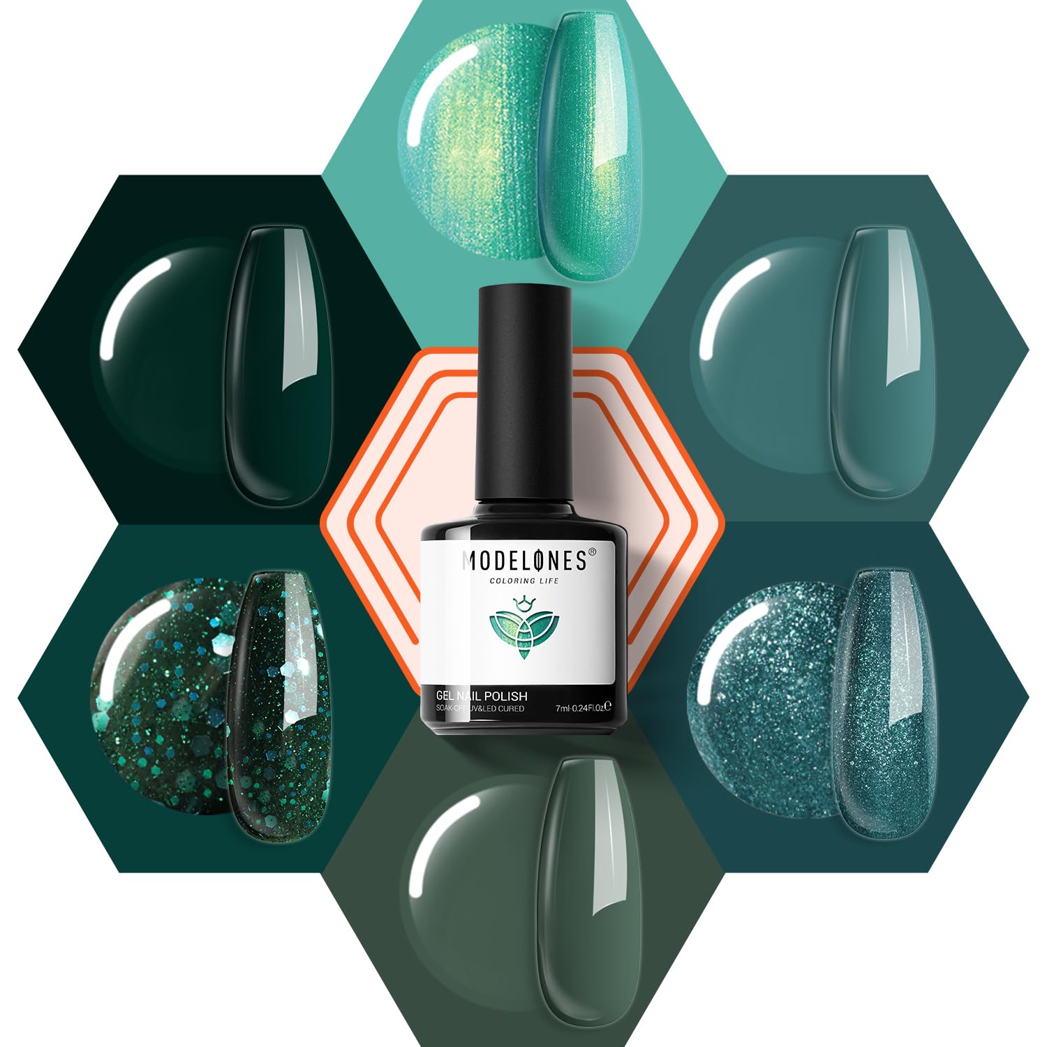 Modelones Ethereal Green Gel Nail Polish collection display, vibrant greens for salon or home manicure.