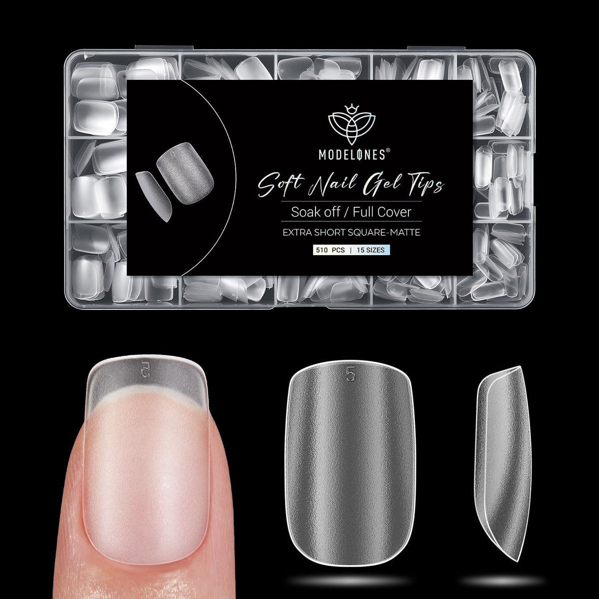 Modelones extra short square nail tips in a 510-piece box for organized use.
