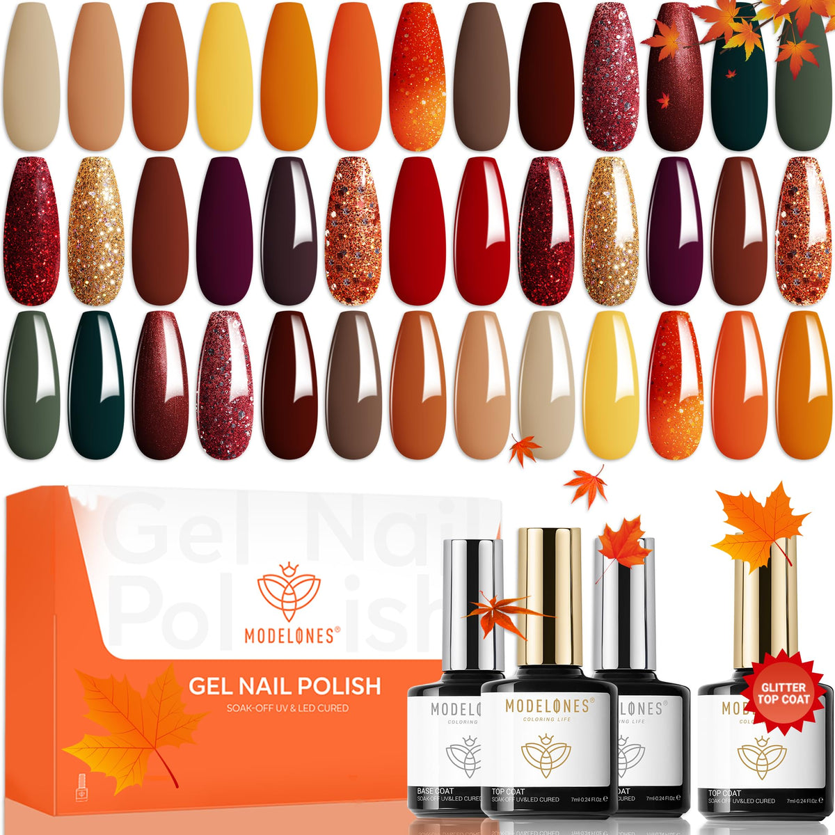 Modelones gel nail polish kit swatches show fall colors for stylish manicures.