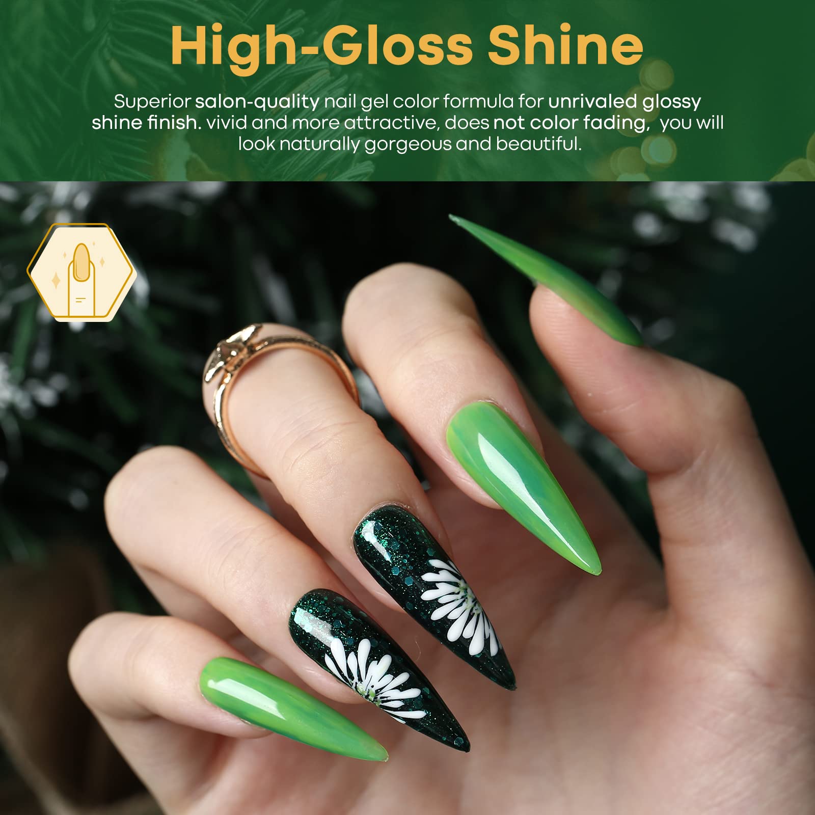 Modelones forest green gel nails in a finished manicure with shine.
