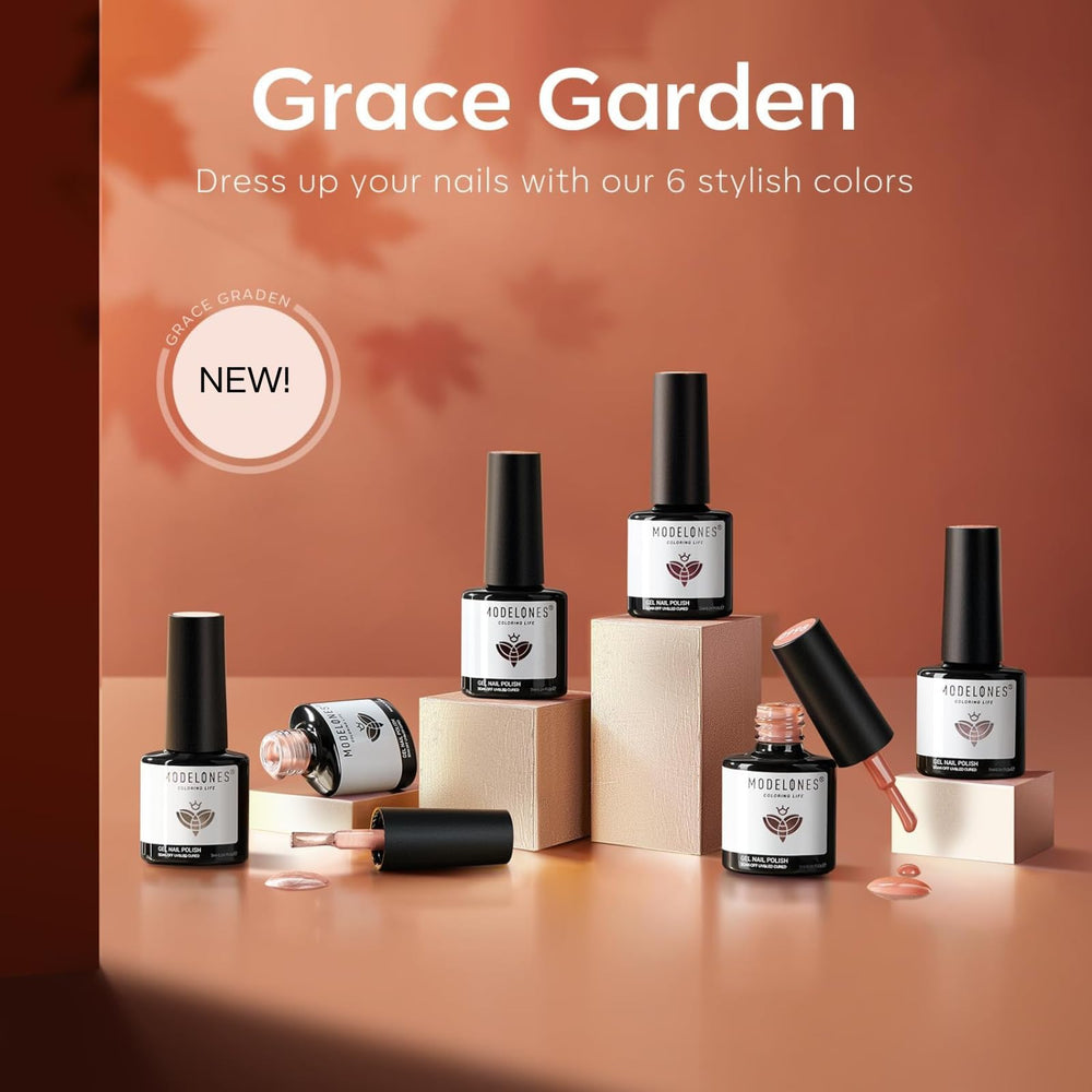 Modelones finished nude-brown manicure on polished nails.