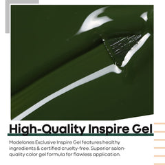 Modelones Forest Green bottle showcases premium soak-off gel for salon-grade results.