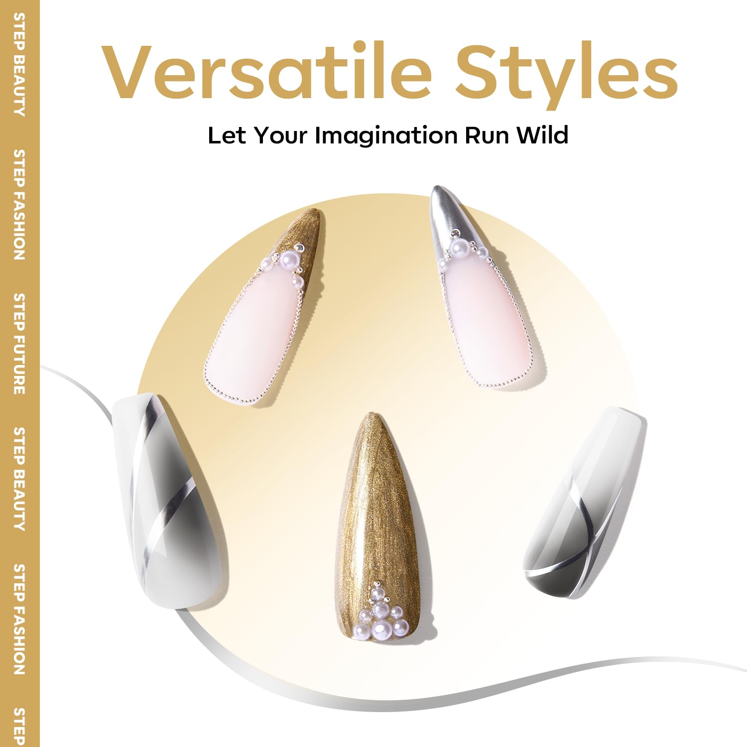 Modelones French tip base with metallic shimmer for stylish contrast.