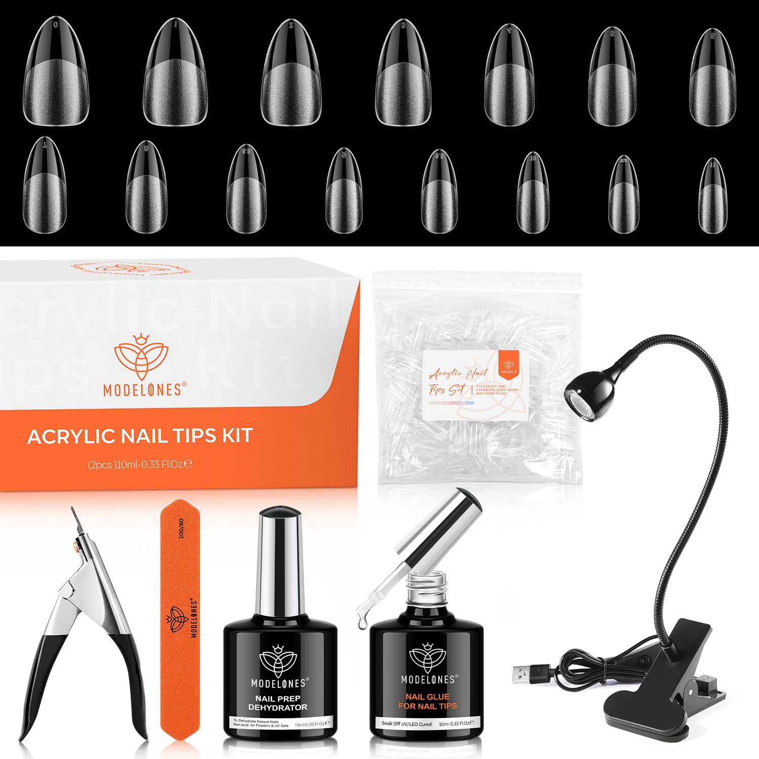 Modelones Gel Nail Kit Almond set shows tips for a natural almond look and long wear.