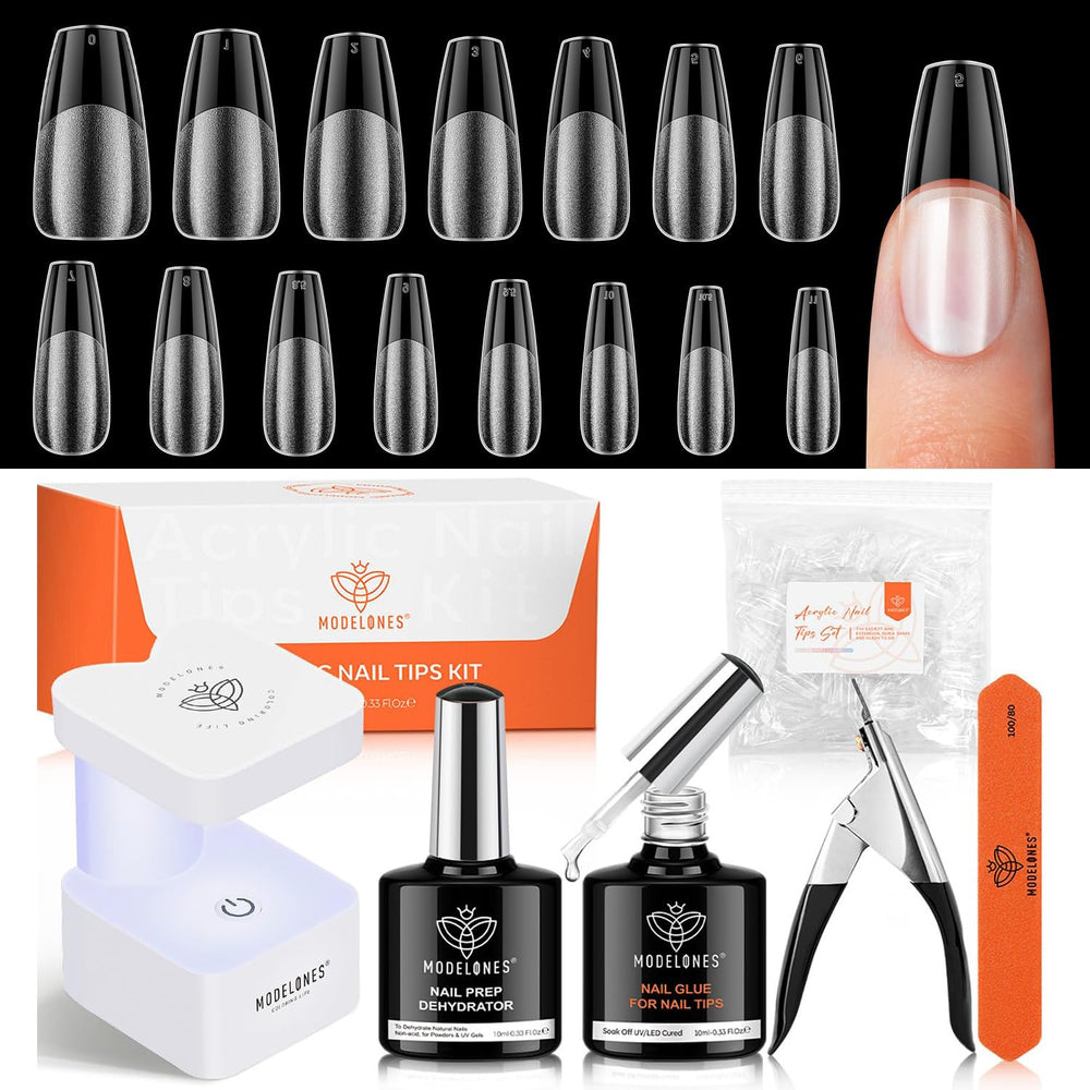 Modelones gel nail kit box with medium coffin tips for DIY salon results.