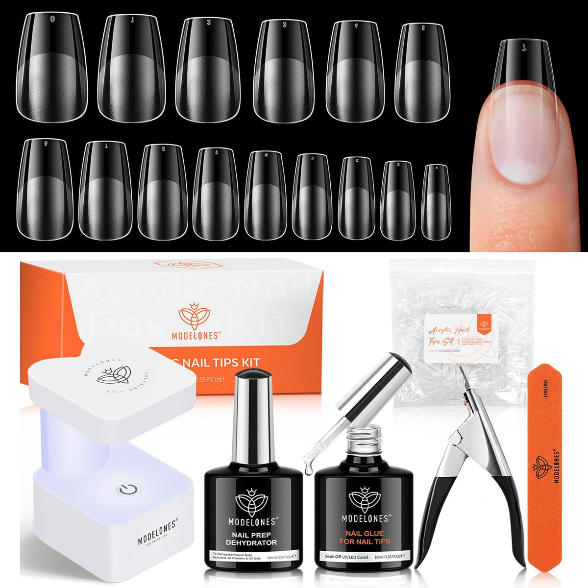 Modelones Gel Nail Kit short coffin contents for at-home manicure versatility.