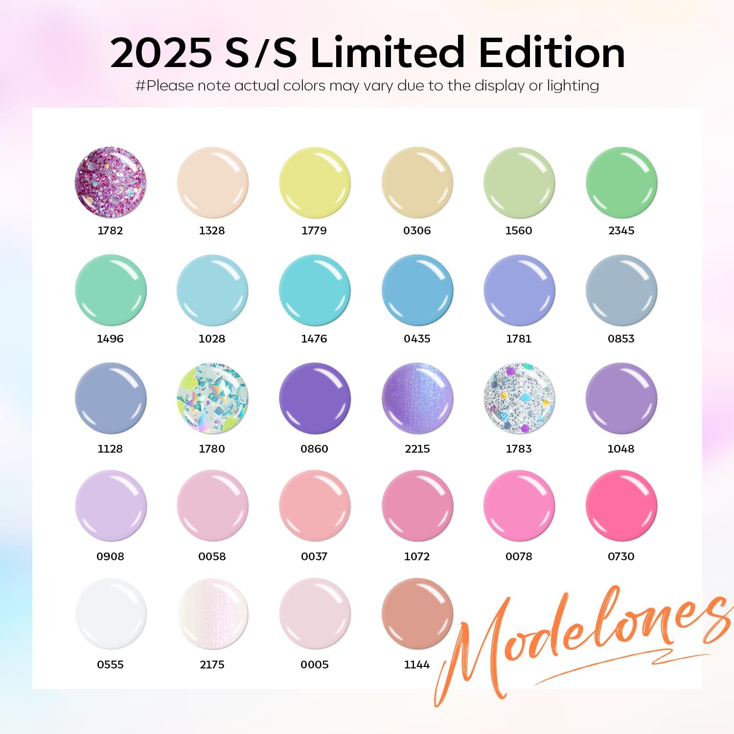 Modelones gel polish bottles arranged showing 28 colors for long-lasting nails.