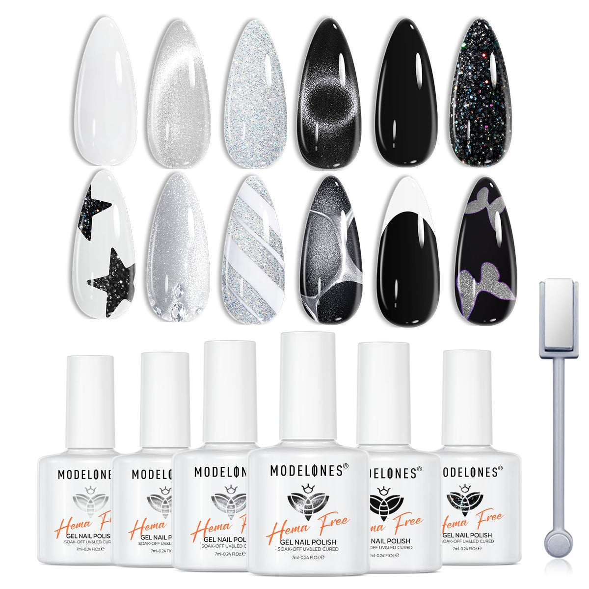 Modelones gel polish collection in six color bottles for salon-quality nails at home.