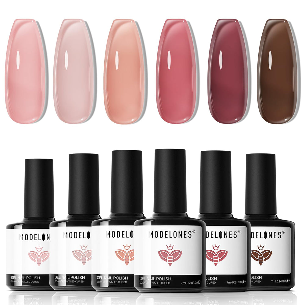 Modelones gel nail polish set display with six colors for chic nails.