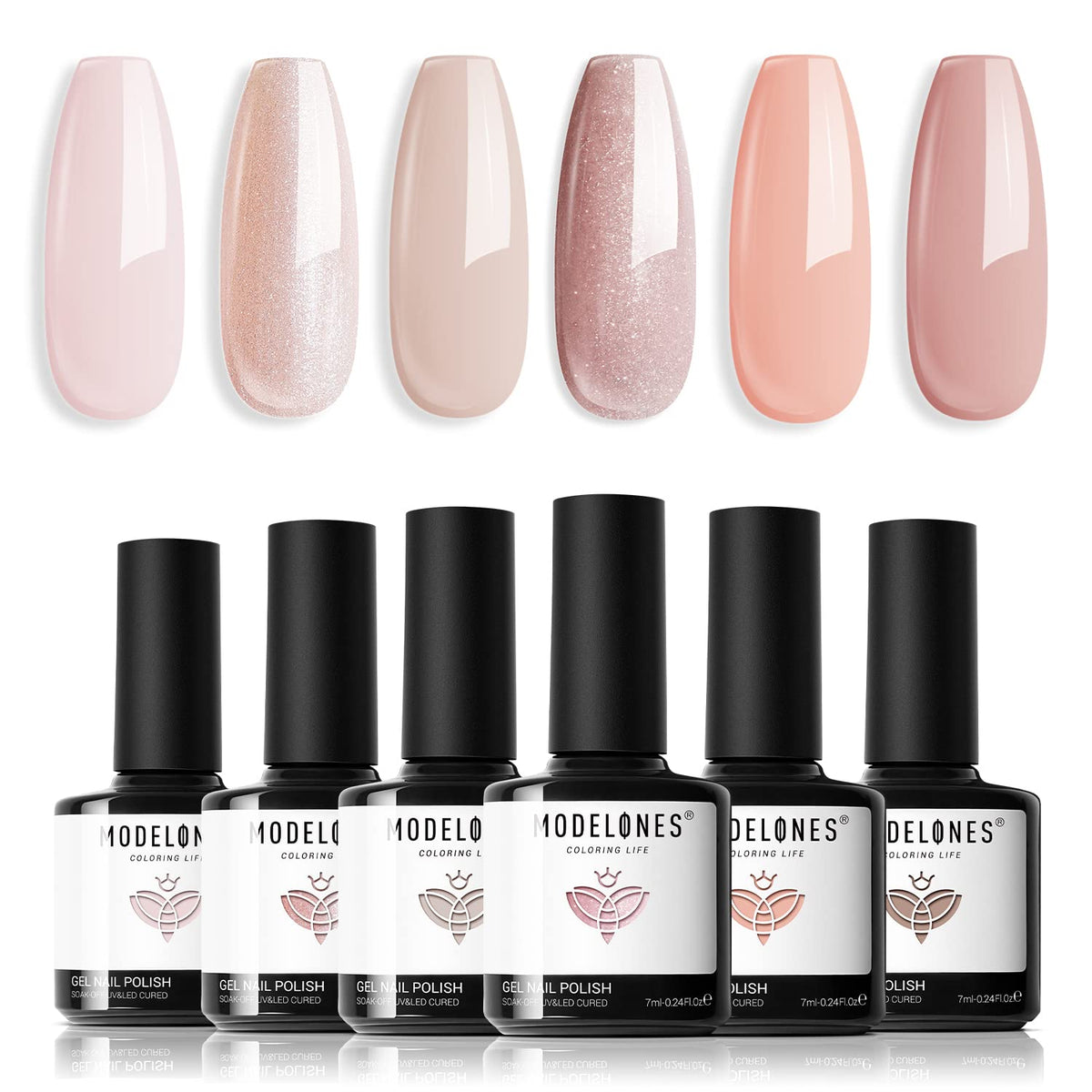 Modelones gel nail polish set swatches with six neutrals for versatile manicures