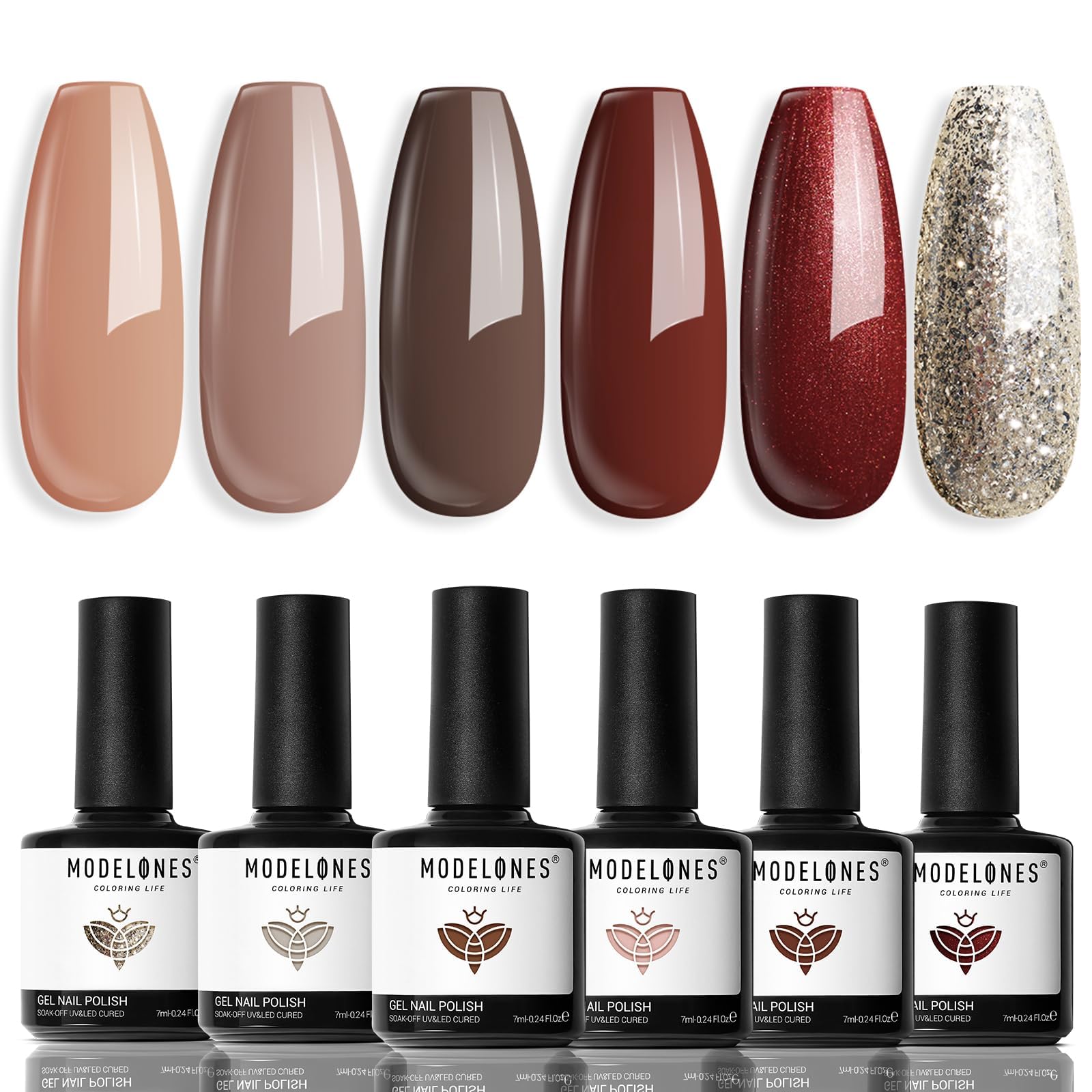 Modelones gel nail polish set with nude-brown tones for elegant at-home manicures.