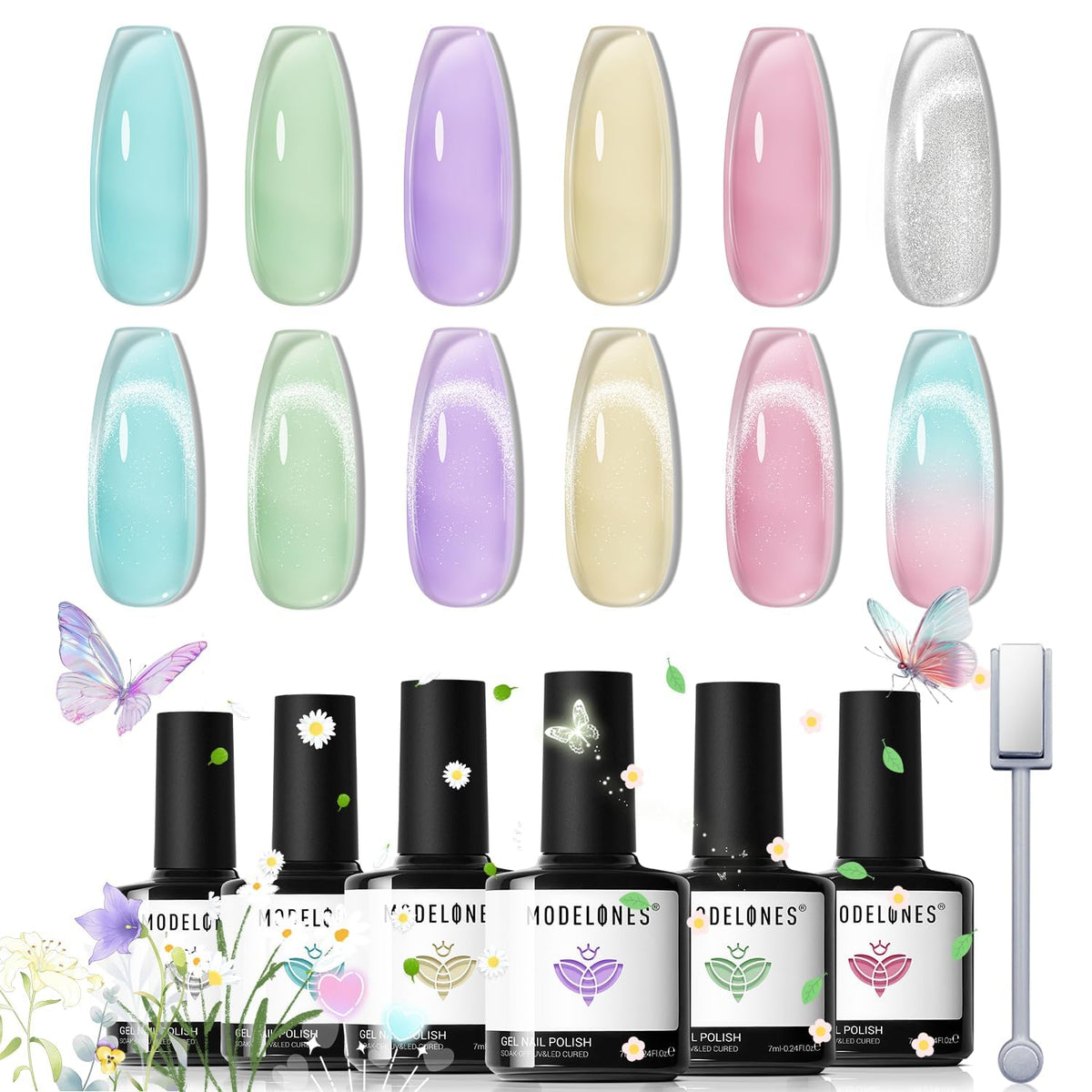 Modelones gel nail polish set with six pastel jelly colors for sheer, customizable manicures.