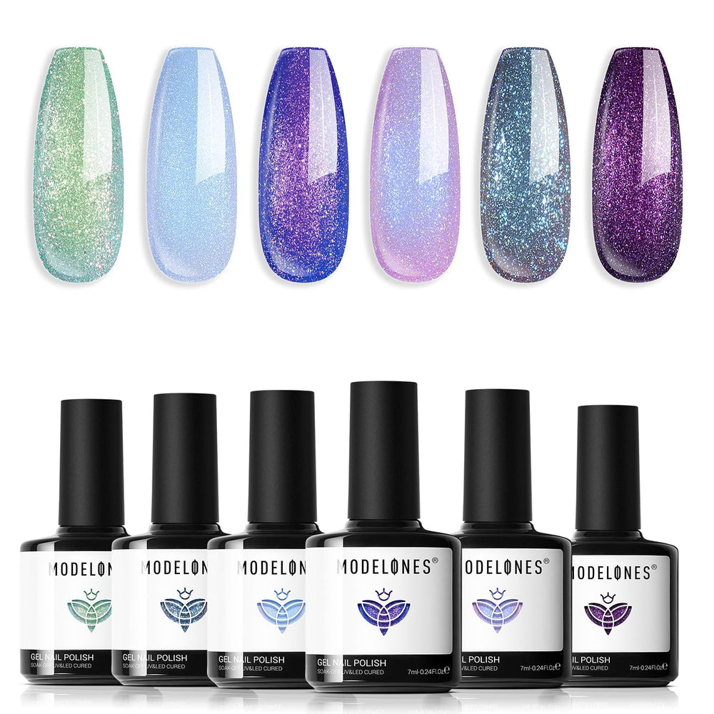 Modelones Aurora Chameleon gel polish with color-shifting shimmer for eye-catching nails.