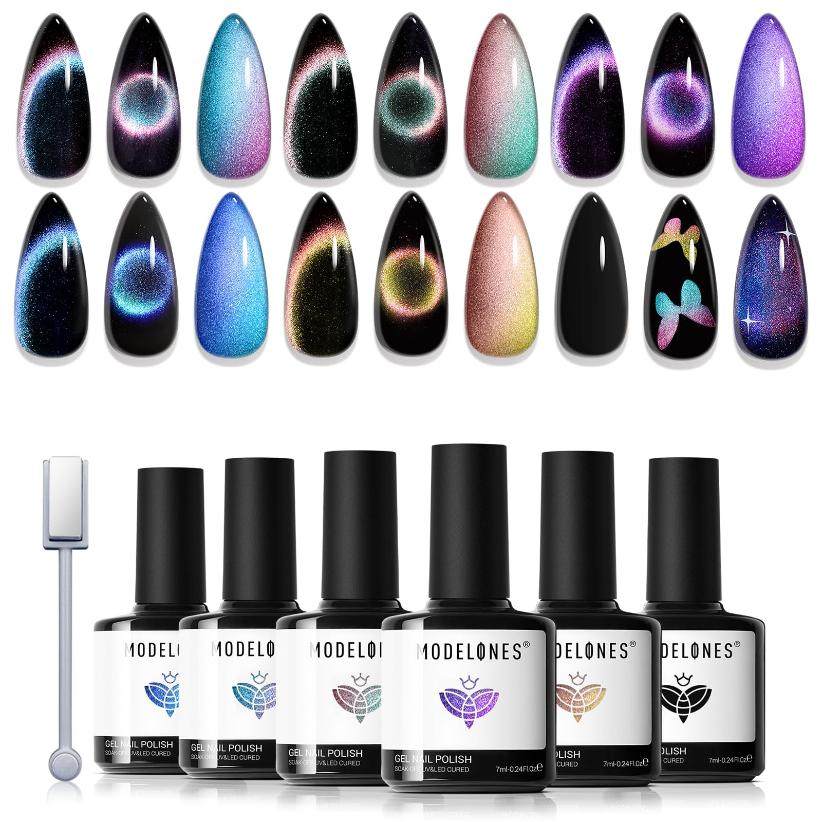 Modelones gel nail polish set with black base for bold cat-eye effects
