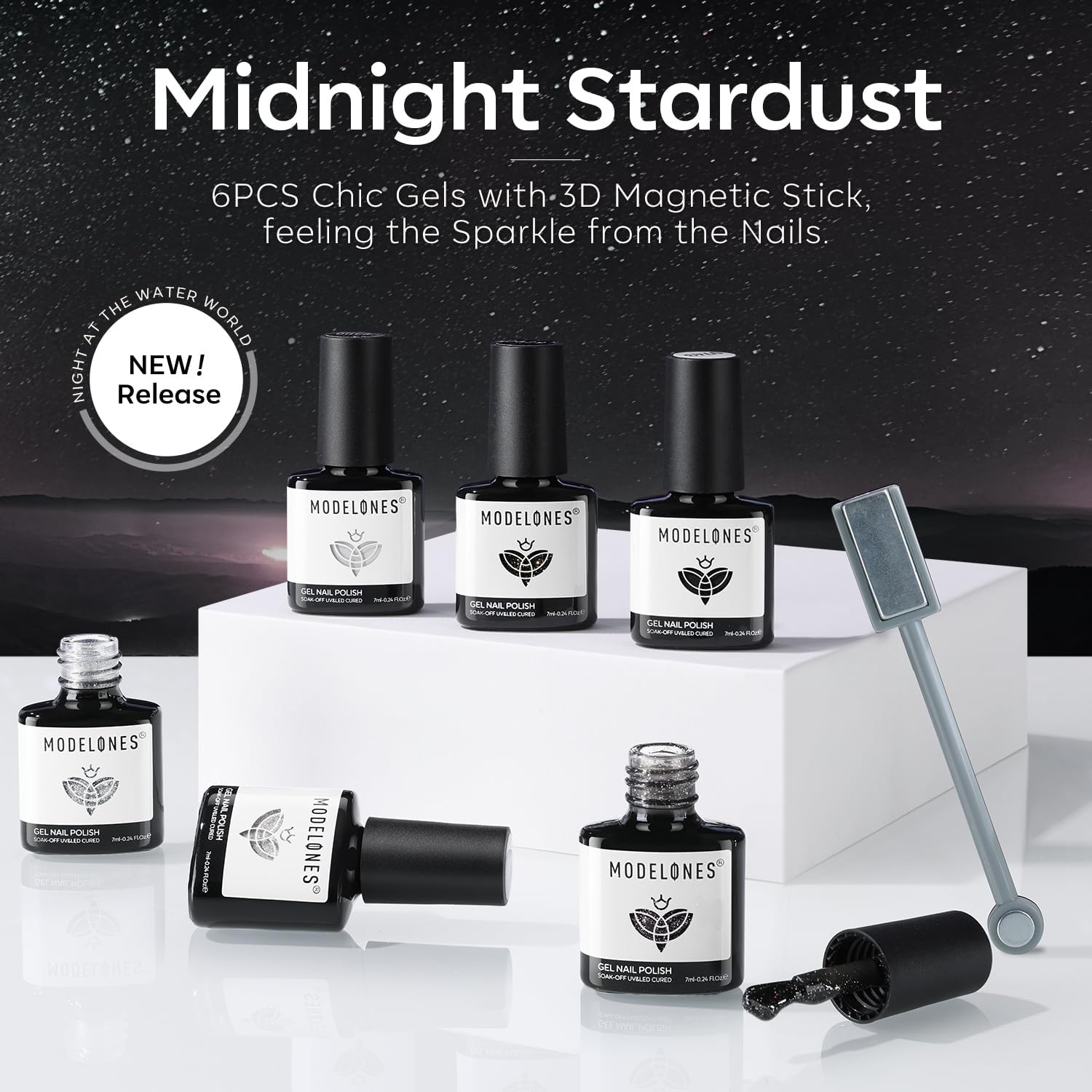 Modelones magnet silver glitter gel polish catches light with luxe sparkle