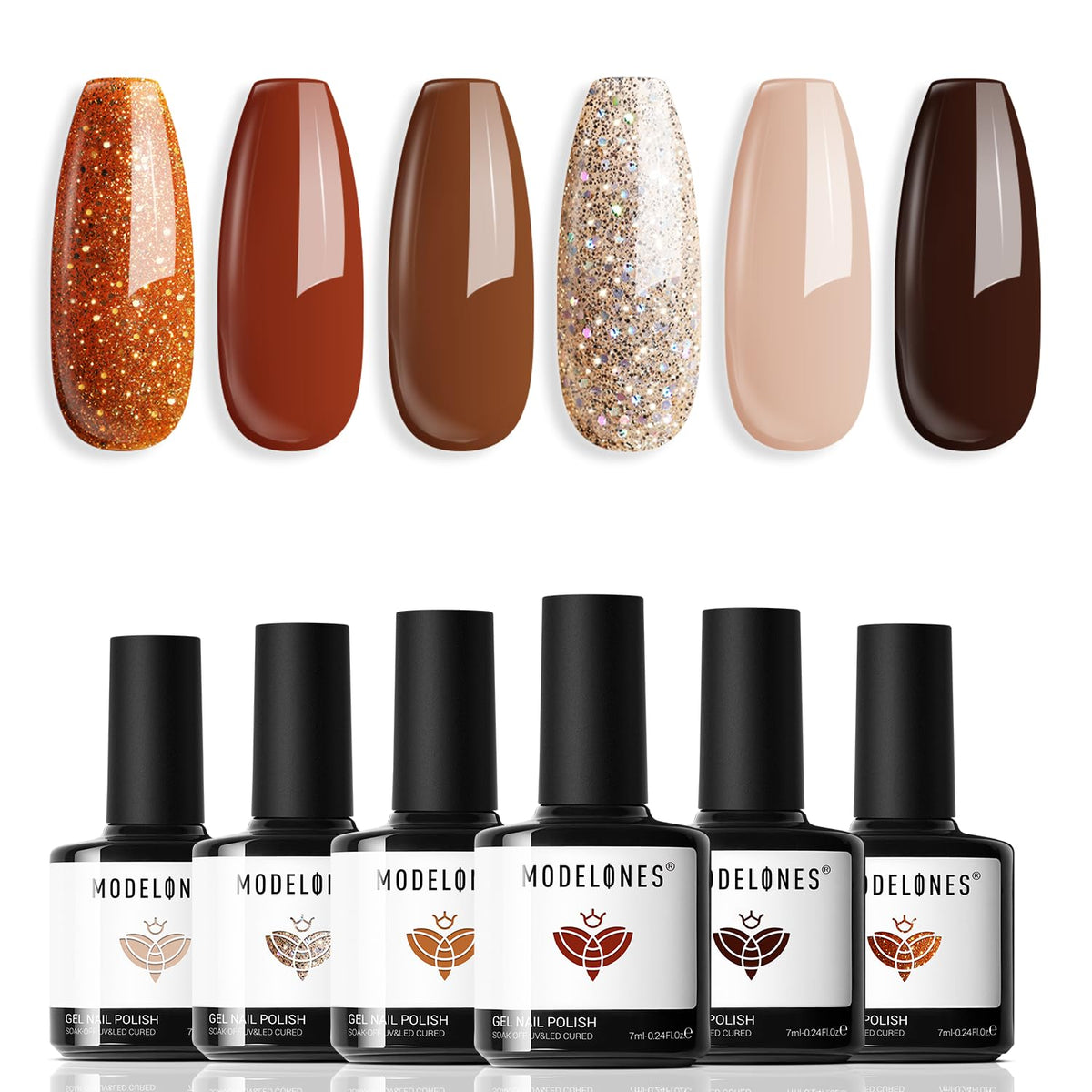Modelones gel nail polish set six color bottles arranged for winter nude brown tones, ideal for DIY nails.