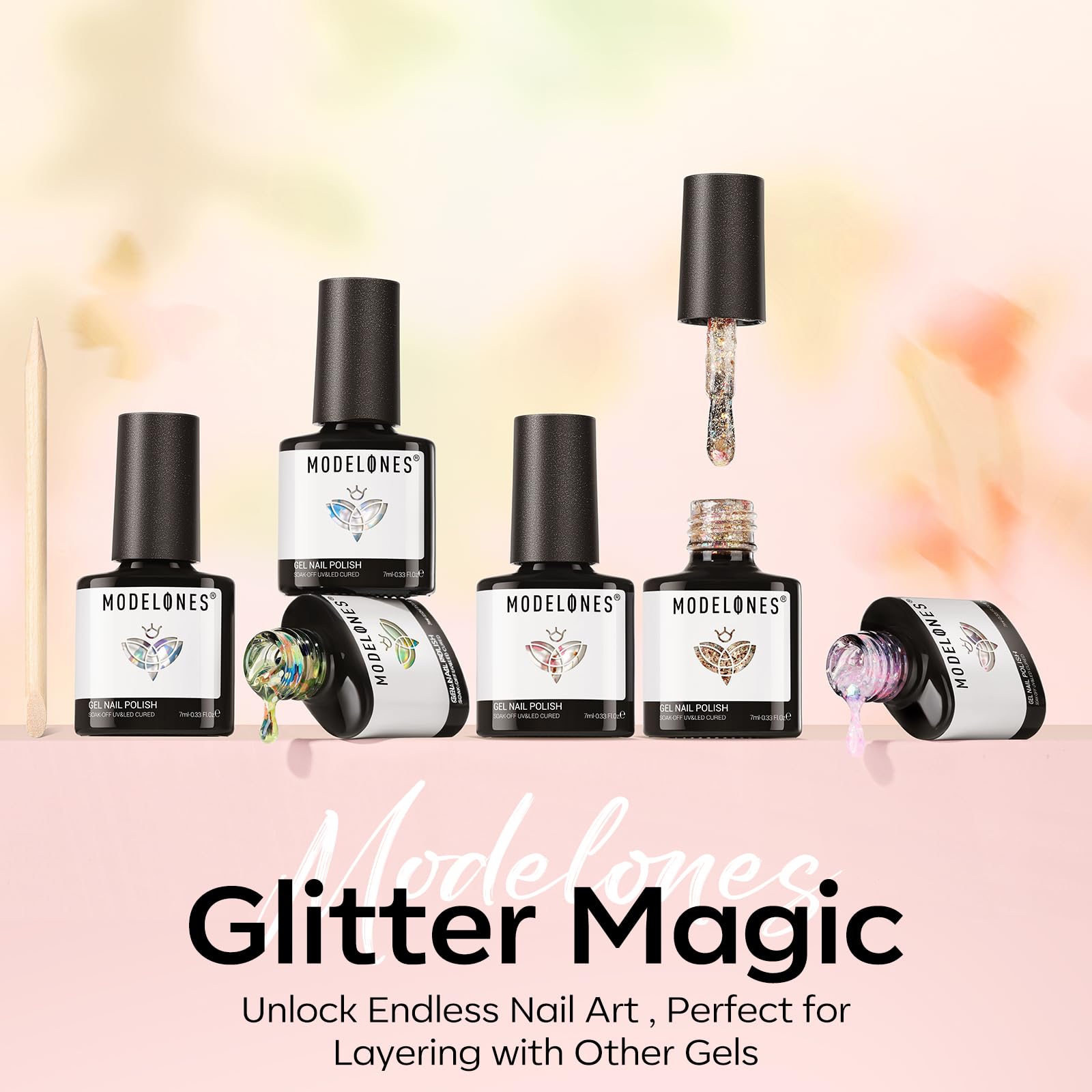Modelones wooden stick helps position glitters for precise nail art