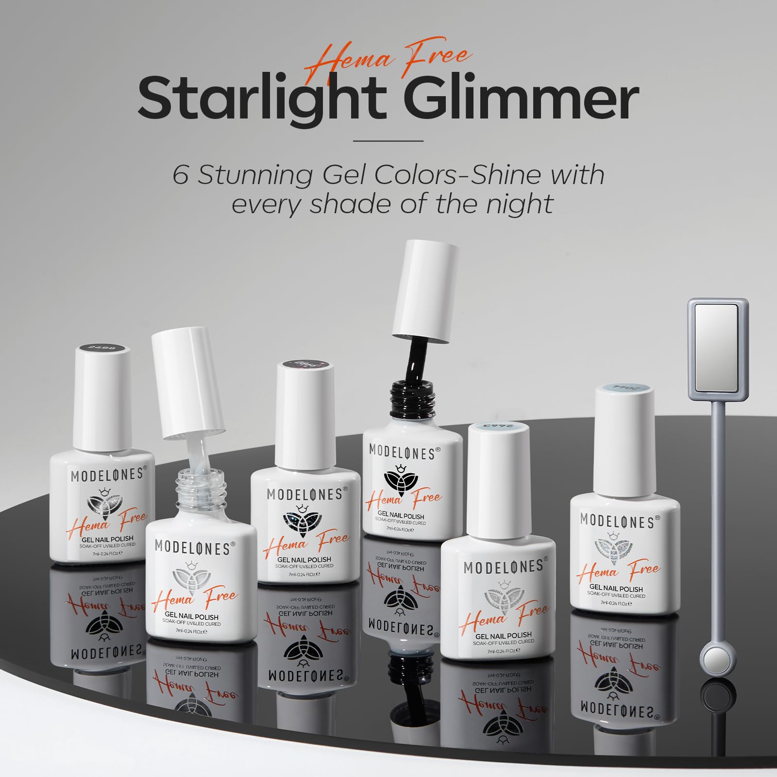 Modelones silver gel polish bottle with metallic shine for festive looks.