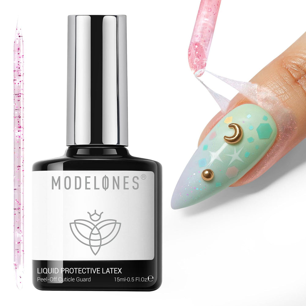 Modelones Gel Polish Liquid Latex bottle close-up for a clean barrier during manicures.