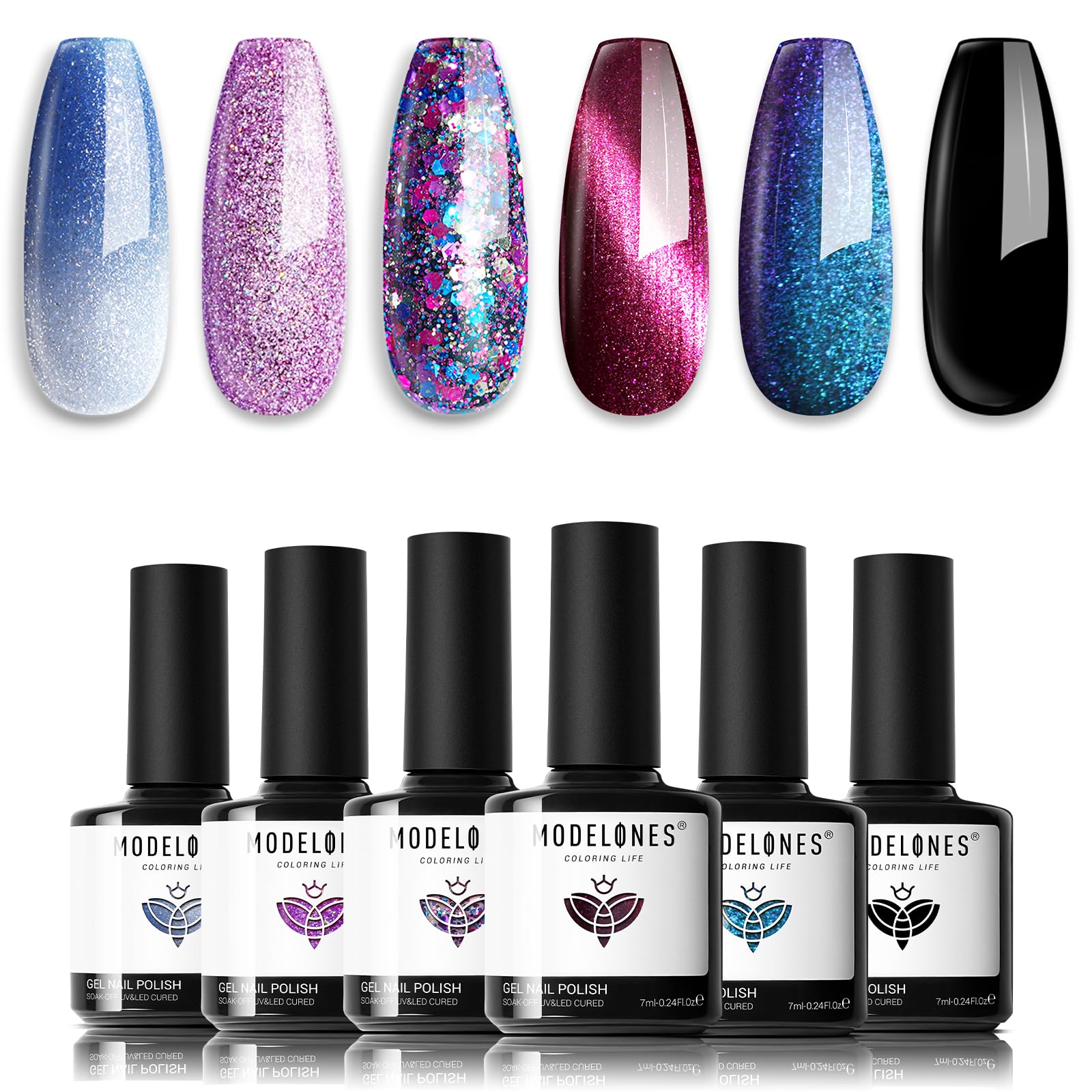 Modelones glitter gel set with six colors for stylish at-home manicures.