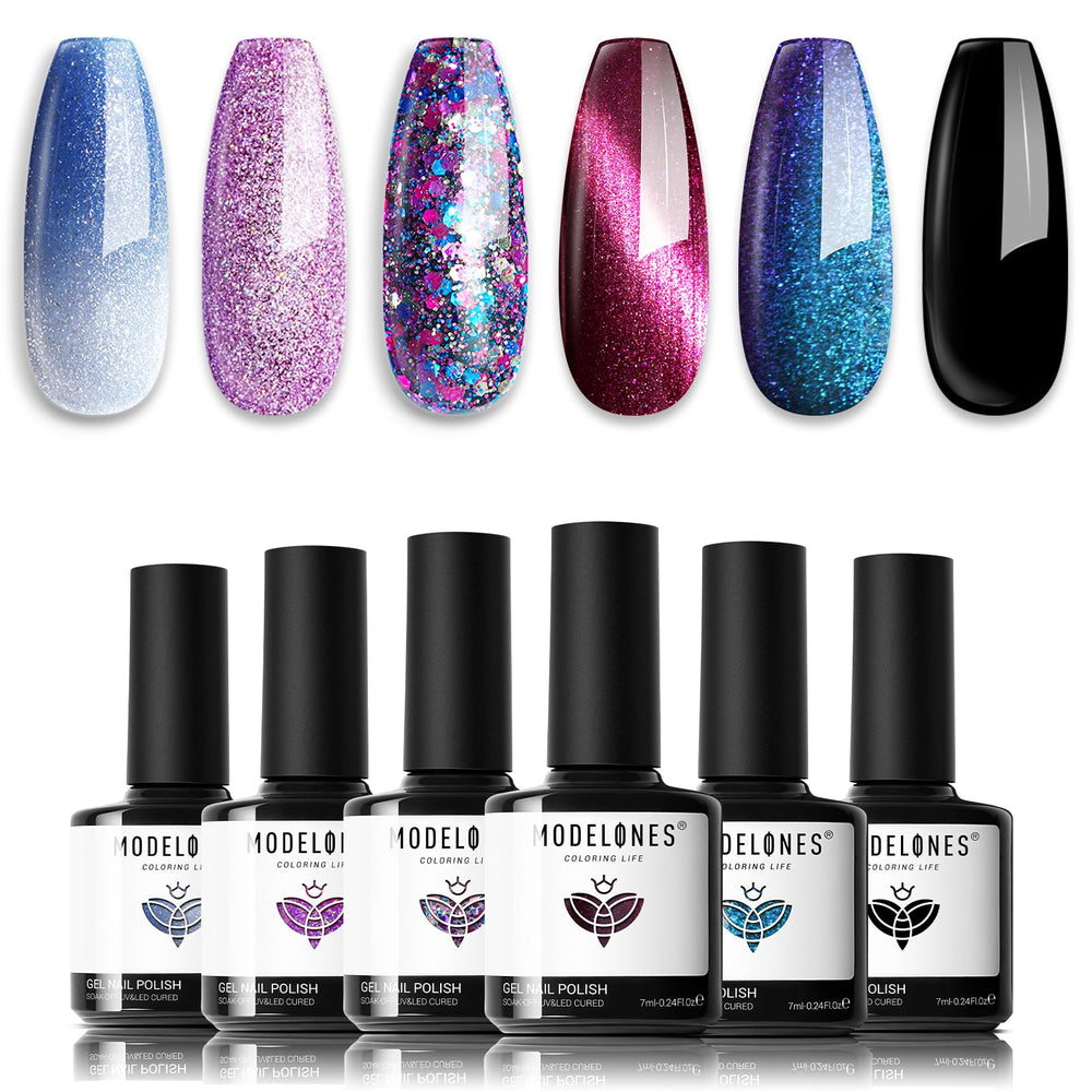 Modelones glitter gel set with six colors for stylish at-home manicures.