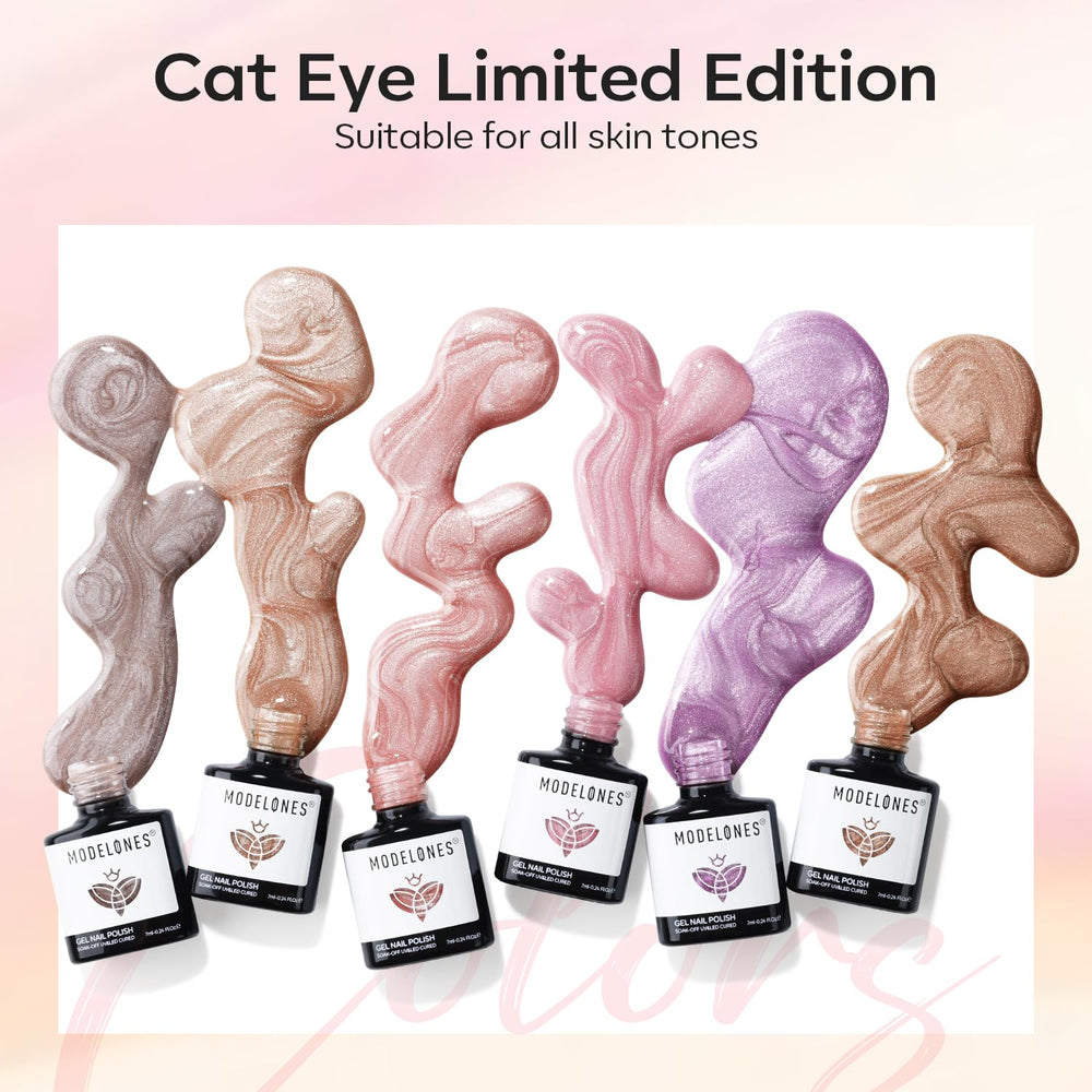 Modelones holographic glitter cat eye polish creates dynamic color-shifting effects.