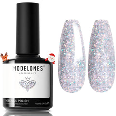 Modelones Glitter Gel Nail Polish pastel silver bottle and swatch showing long-lasting shine