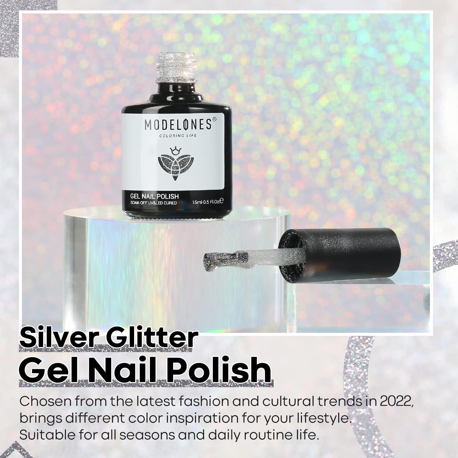 Close-up of Modelones pastel silver glitter gel polish on nails with glossy finish