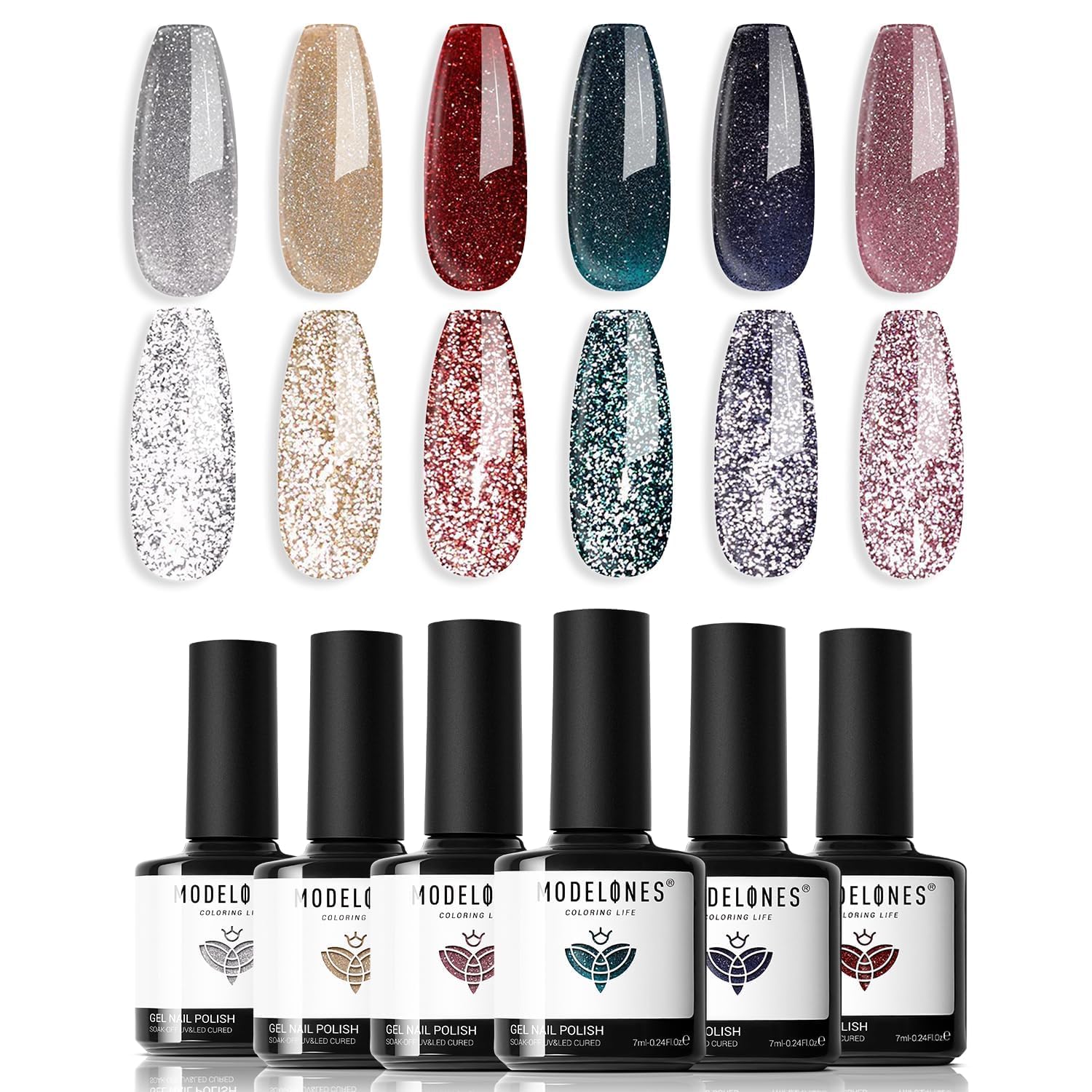 Modelones Glitter Gel Nail Polish Set bottles close-up for DIY nail art.