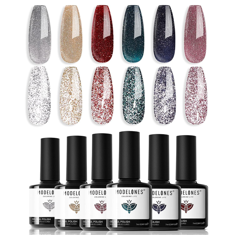 Modelones Glitter Gel Nail Polish Set bottles close-up for DIY nail art.