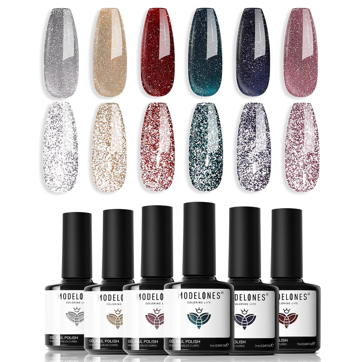 Modelones Glitter Gel Nail Polish Set bottles close-up for DIY nail art.