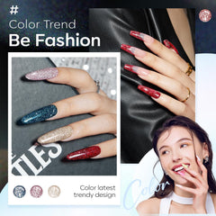 Modelones glitter gel polish in dark red shade for fall and winter looks.