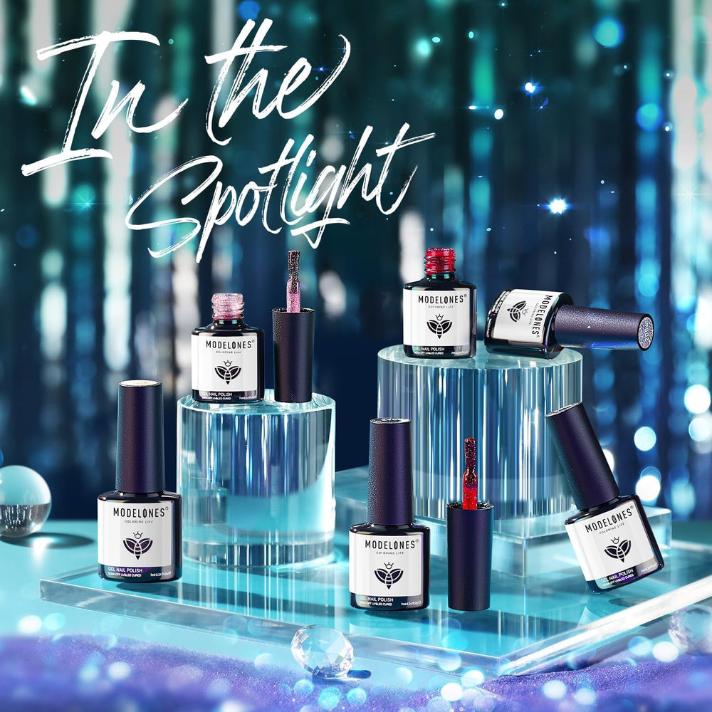 Modelones glitter gel polish with low odor and toxin-free ingredients.