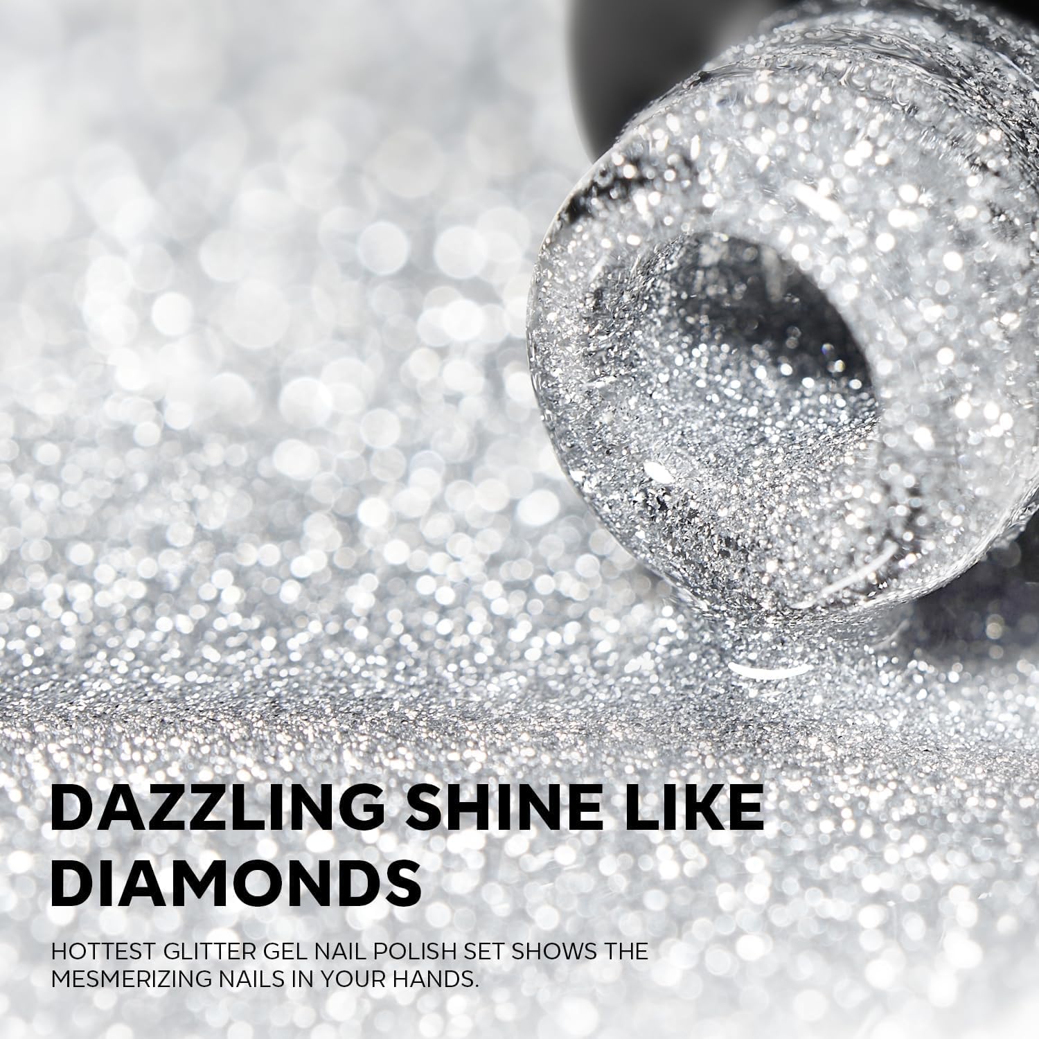 Modelones glitter gel set swatches on nails showing rich shine for expressive styling.