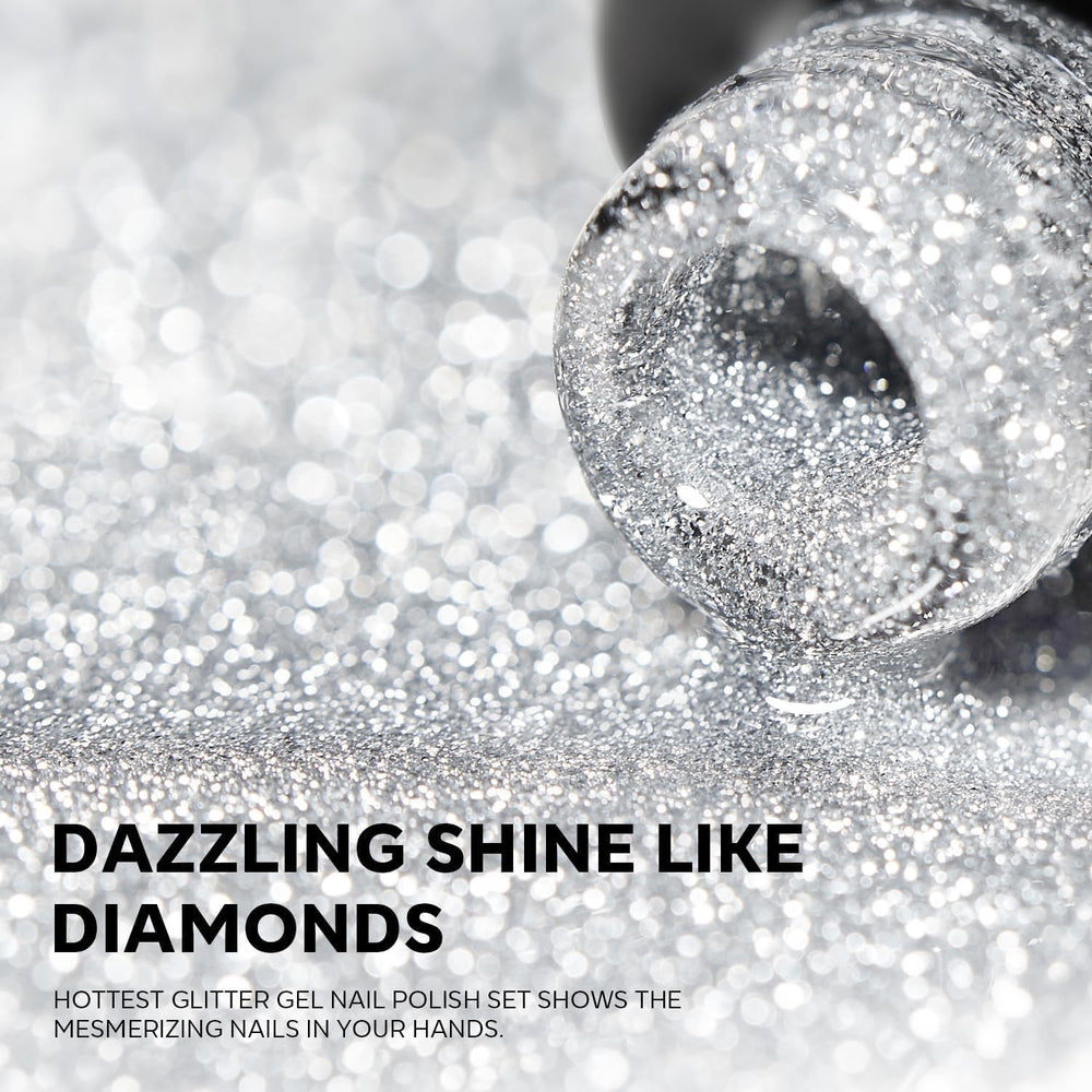 Modelones glitter gel set swatches on nails showing rich shine for expressive styling.