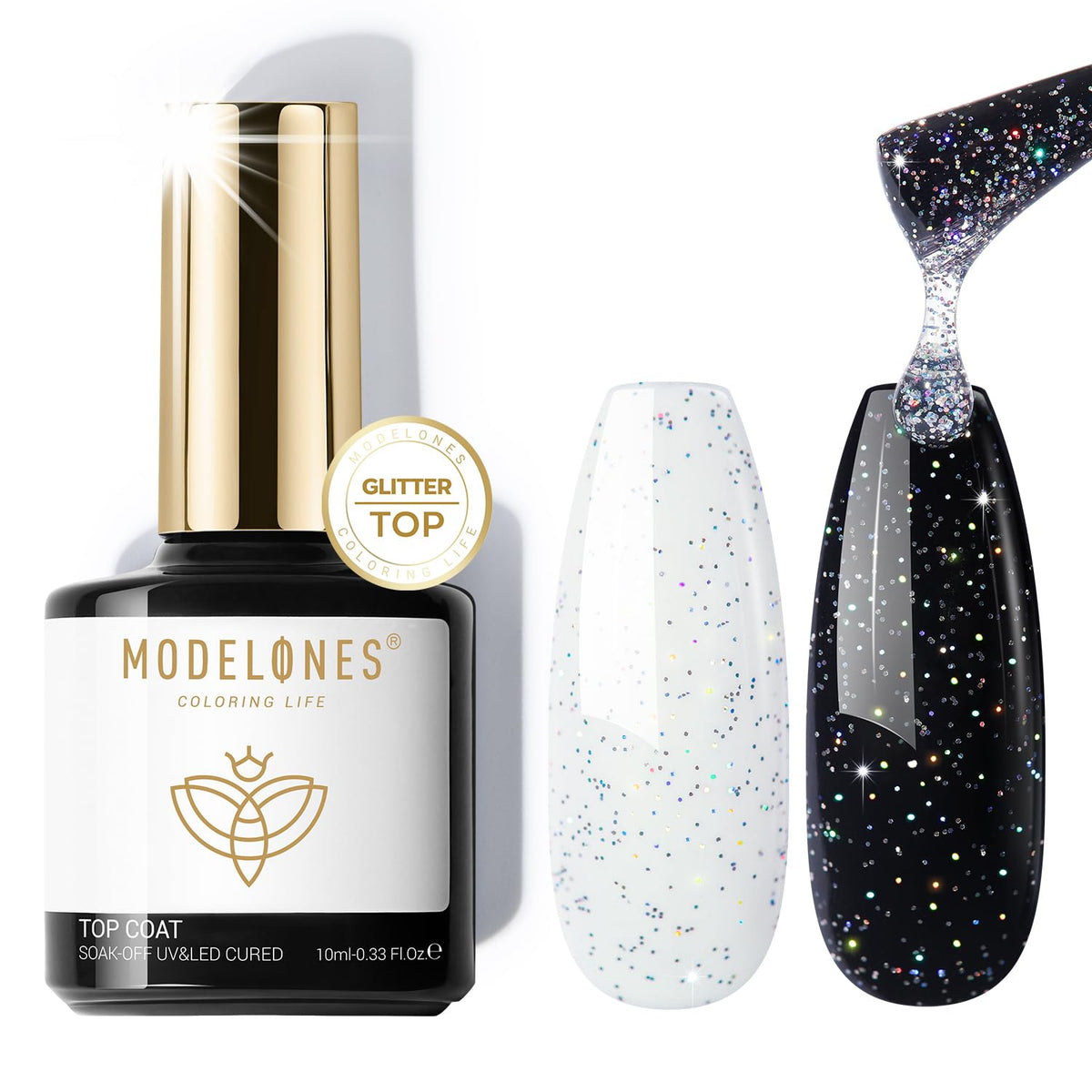 Modelones Glitter Top Coat iridescent silver mix adds high-shine sparkle on nails